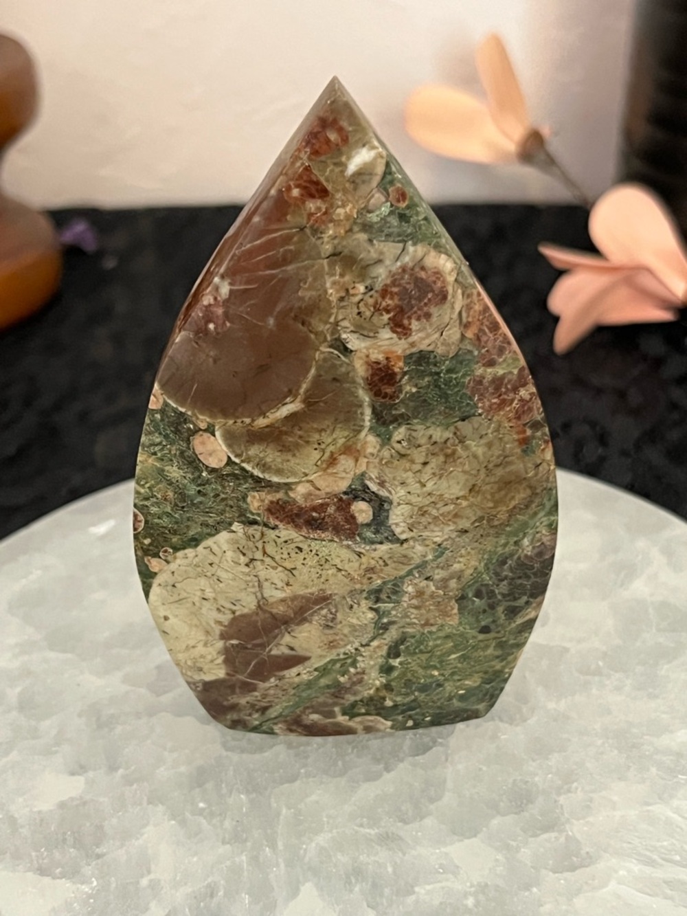 Polished Green Flower Agate Teardrop - Green & Cream Stone Display